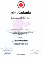 Medal pamitkowy Ruchu Honorowego Krwiodawstwa PCK dla Anny Borkowskiej
